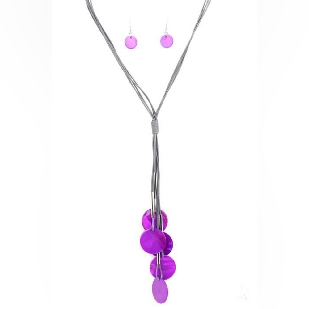 *Long gray cord and purple shell tassel necklace.